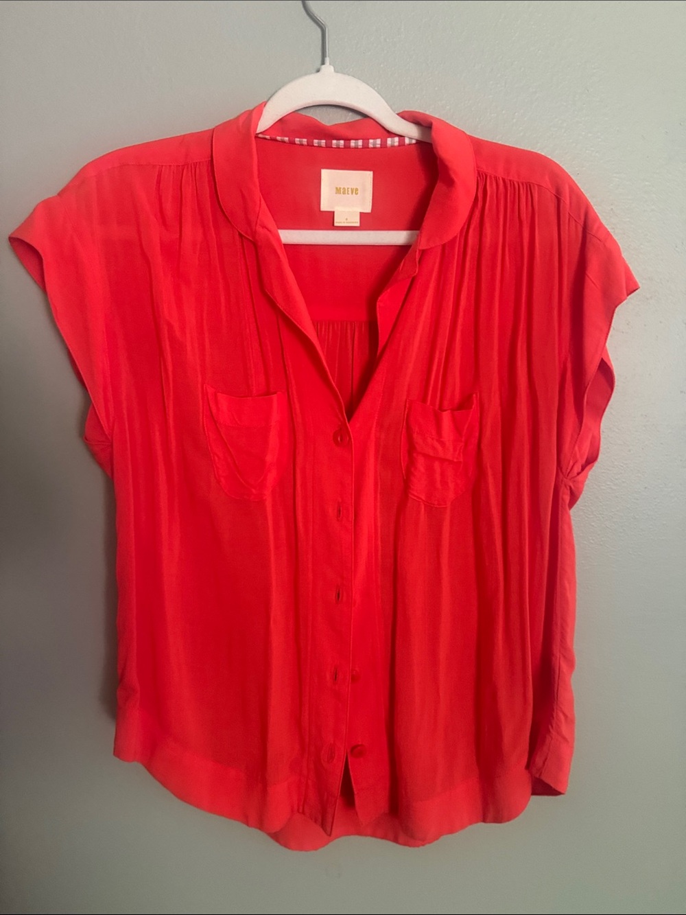 Maeve Coral Button-Down Short Sleeve Blouse